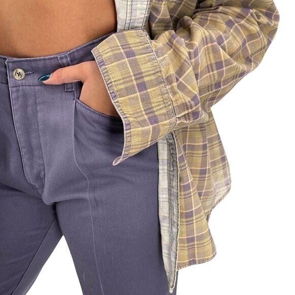 Corduroy Button Up Shirt Long Sleeve SUPER Distressed Tan Lavender Plaid | Large - Picture 3 of 9